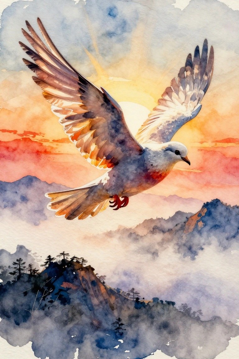 Watercolor of white dove soaring over misty mountains in vibrant sunset sky