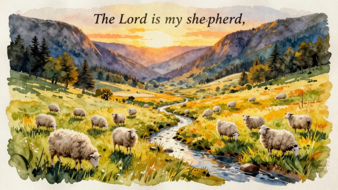 Watercolor of sheep grazing on green hills at vibrant sunset with winding river and text