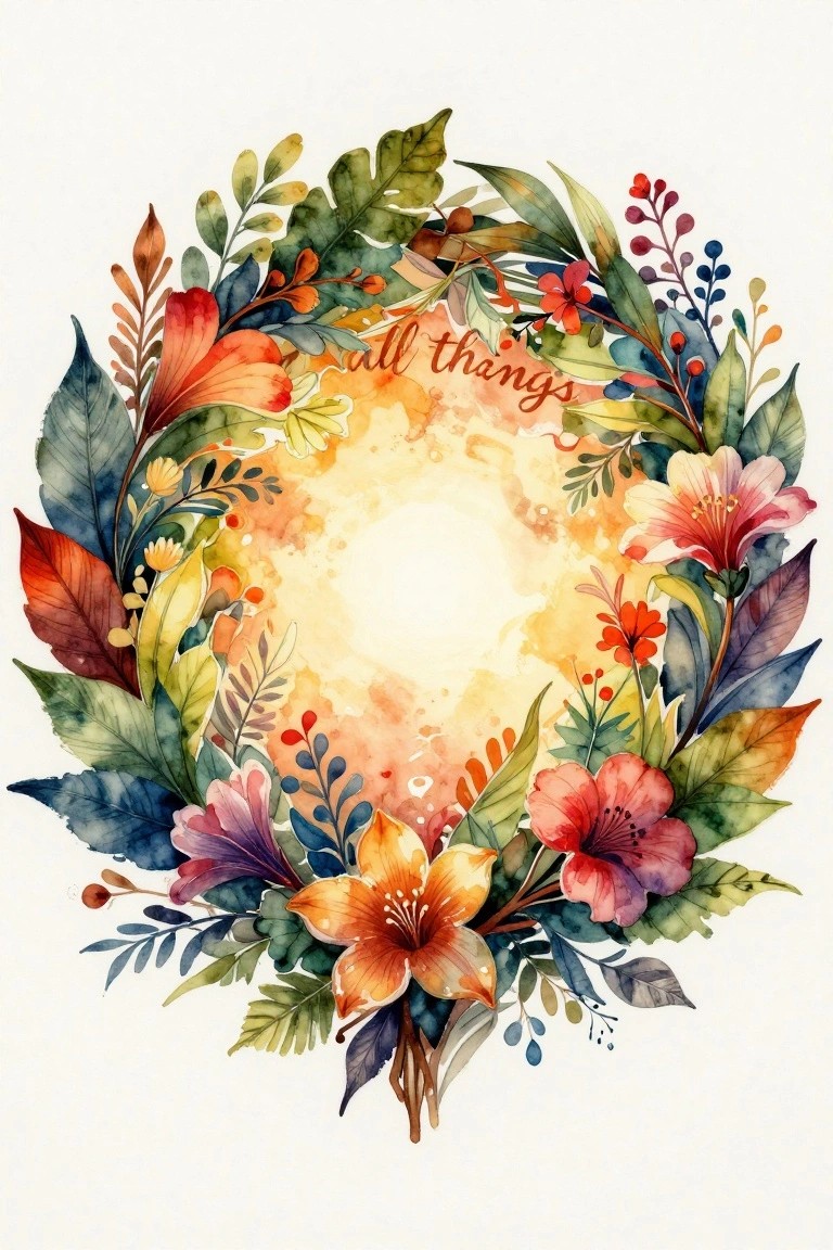 Watercolor floral wreath with vibrant leaves and flowers encircling 