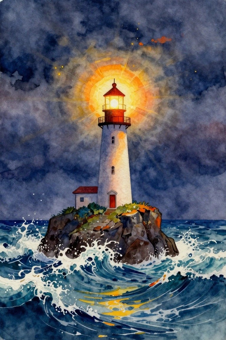Watercolor lighthouse glowing on rocky cliff amid crashing waves under stormy night sky