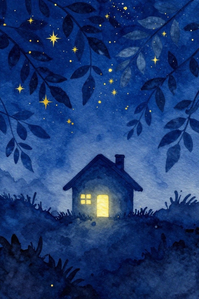 Watercolor night scene of glowing house under starry sky with leafy branches.