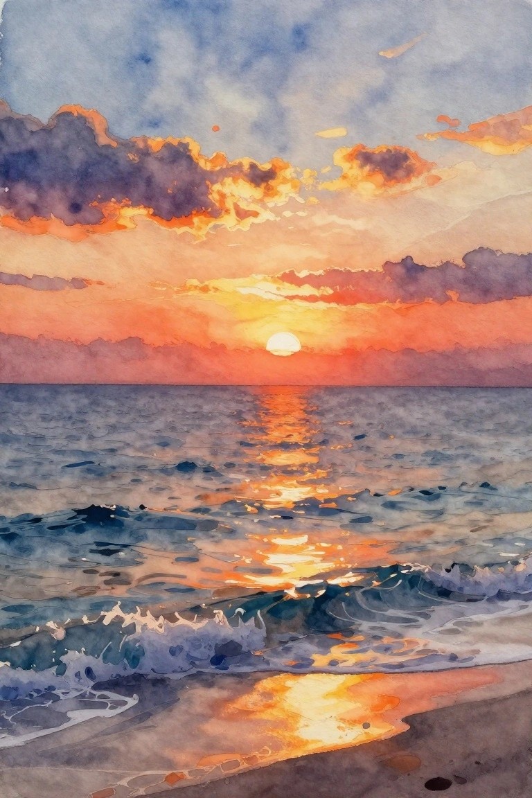 Watercolor sunset over ocean with golden sun reflecting on waves and colorful clouds