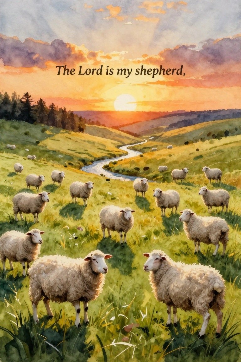 Watercolor of sheep grazing on green hills at vibrant sunset with winding river and text