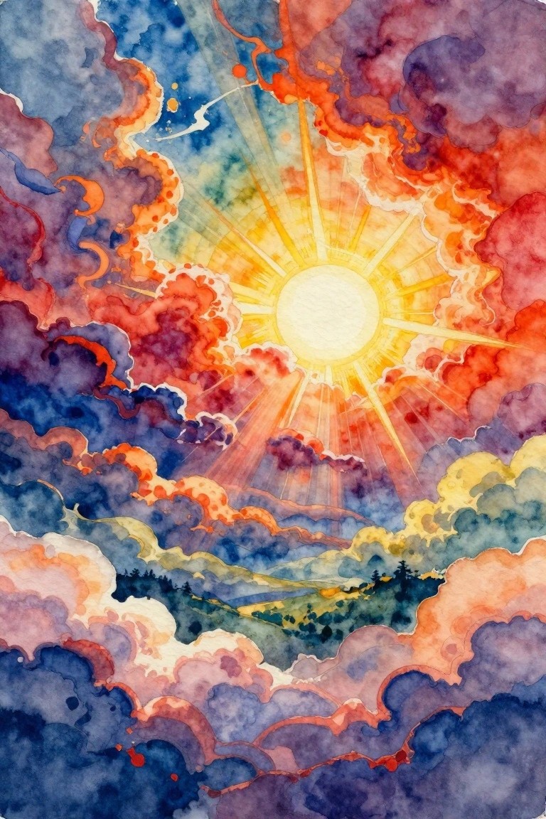 A watercolor painting of a bright sun with rays shining through colorful clouds above green hills and trees.