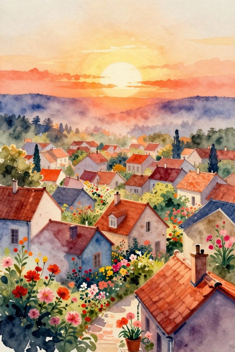 Watercolor village at sunset with colorful houses, red roofs, and blooming flowers.