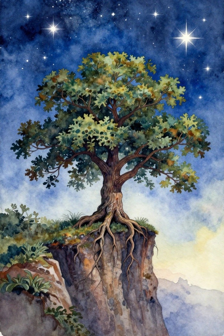 Watercolor of leafy tree with exposed roots on cliff under starry night sky