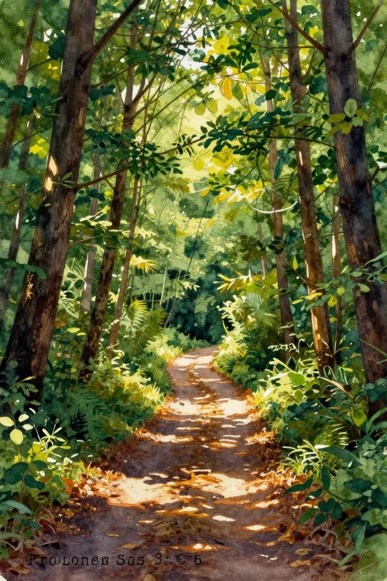 A watercolor painting of a sunlit dirt path winding through tall trees and green foliage with text at the bottom.