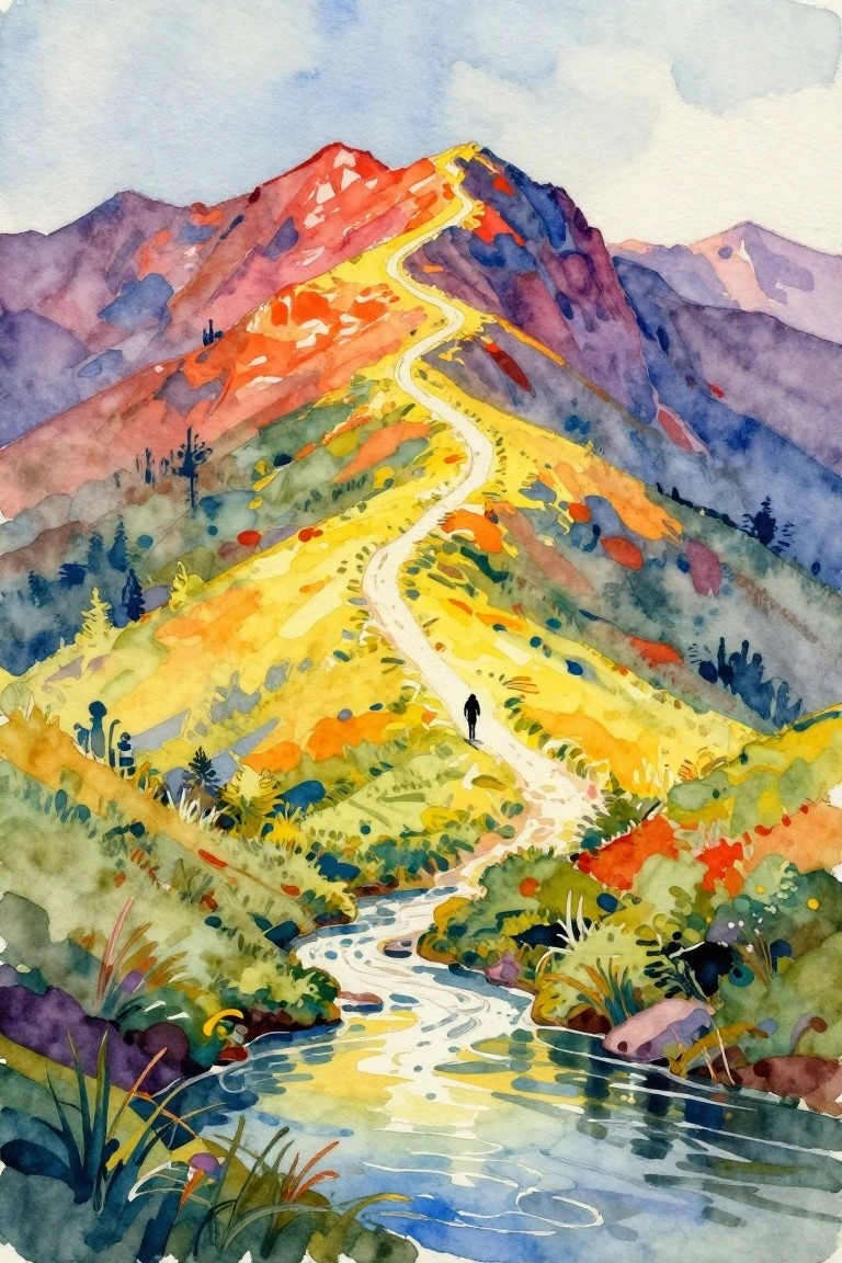 Vibrant watercolor of hiker on winding path through colorful mountains above a stream