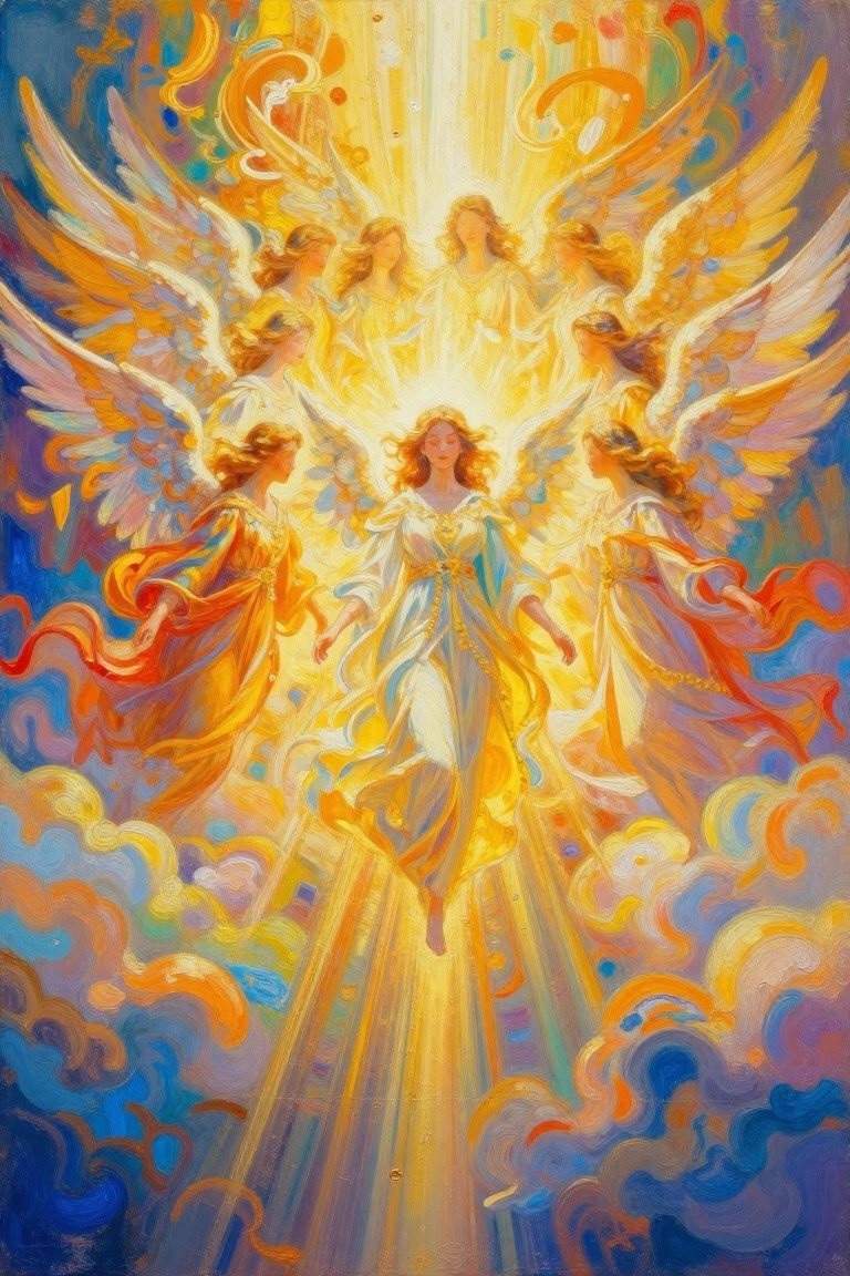 Central angel in flowing white gown amid winged angels in radiant golden light and clouds