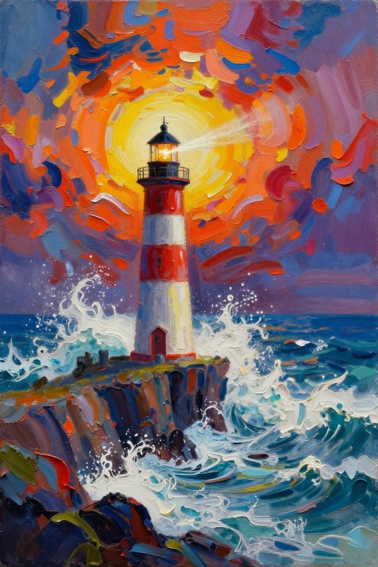 Vibrant painting of red-and-white lighthouse beaming light over crashing waves at sunset