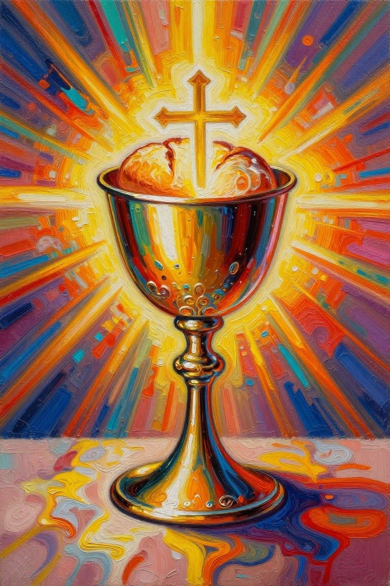 Golden chalice with bread and cross amid vibrant colorful radiating rays.