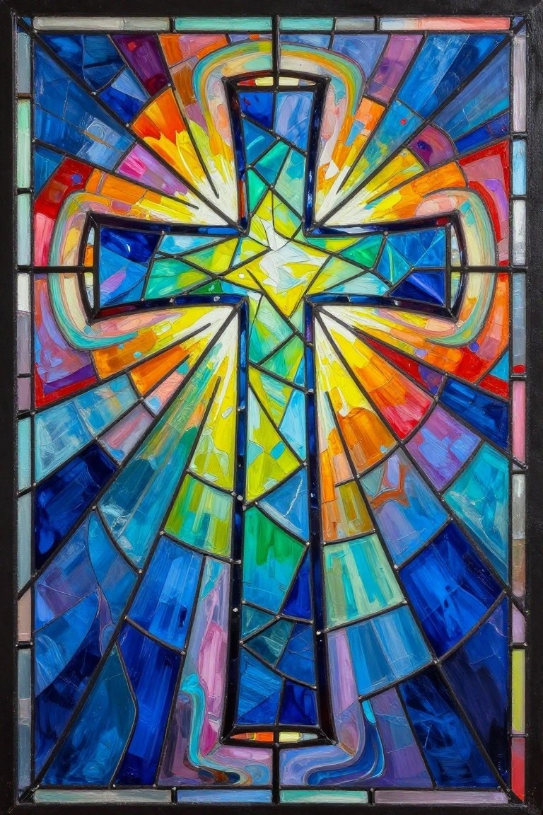Vibrant stained glass cross with colorful radiating rays in abstract style.