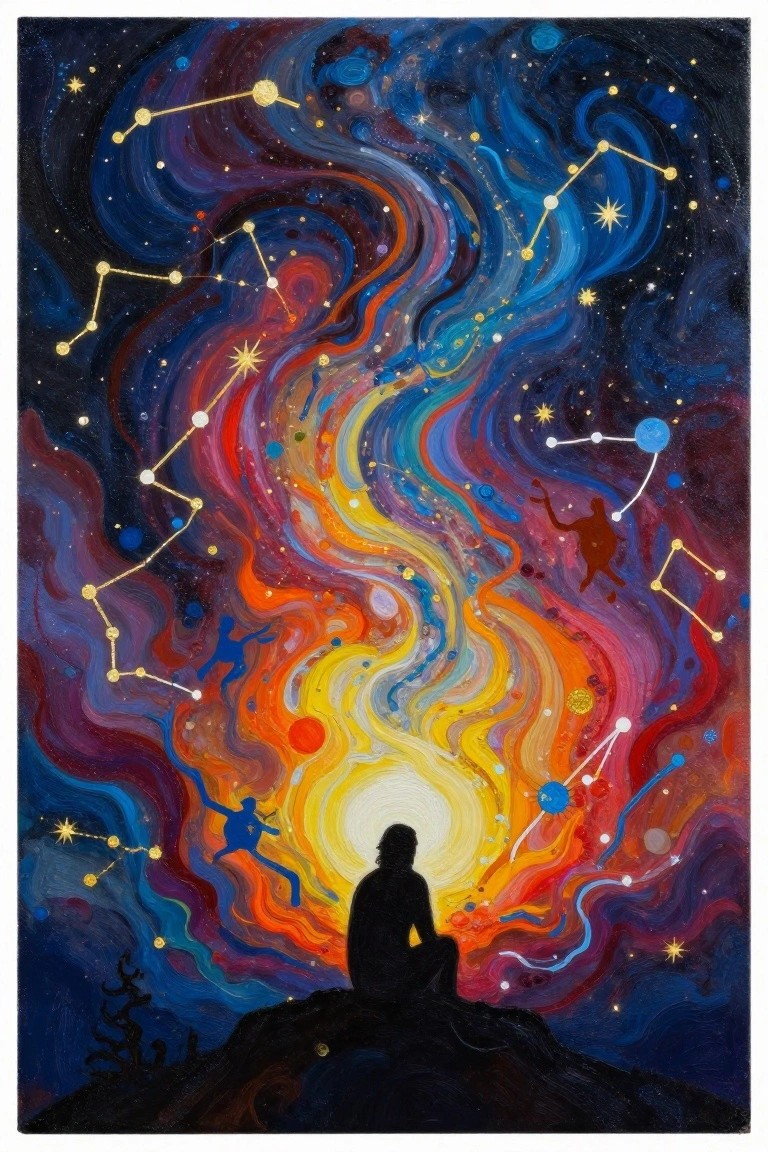 Seated silhouette watches vibrant swirling cosmos with golden constellations and floating figures