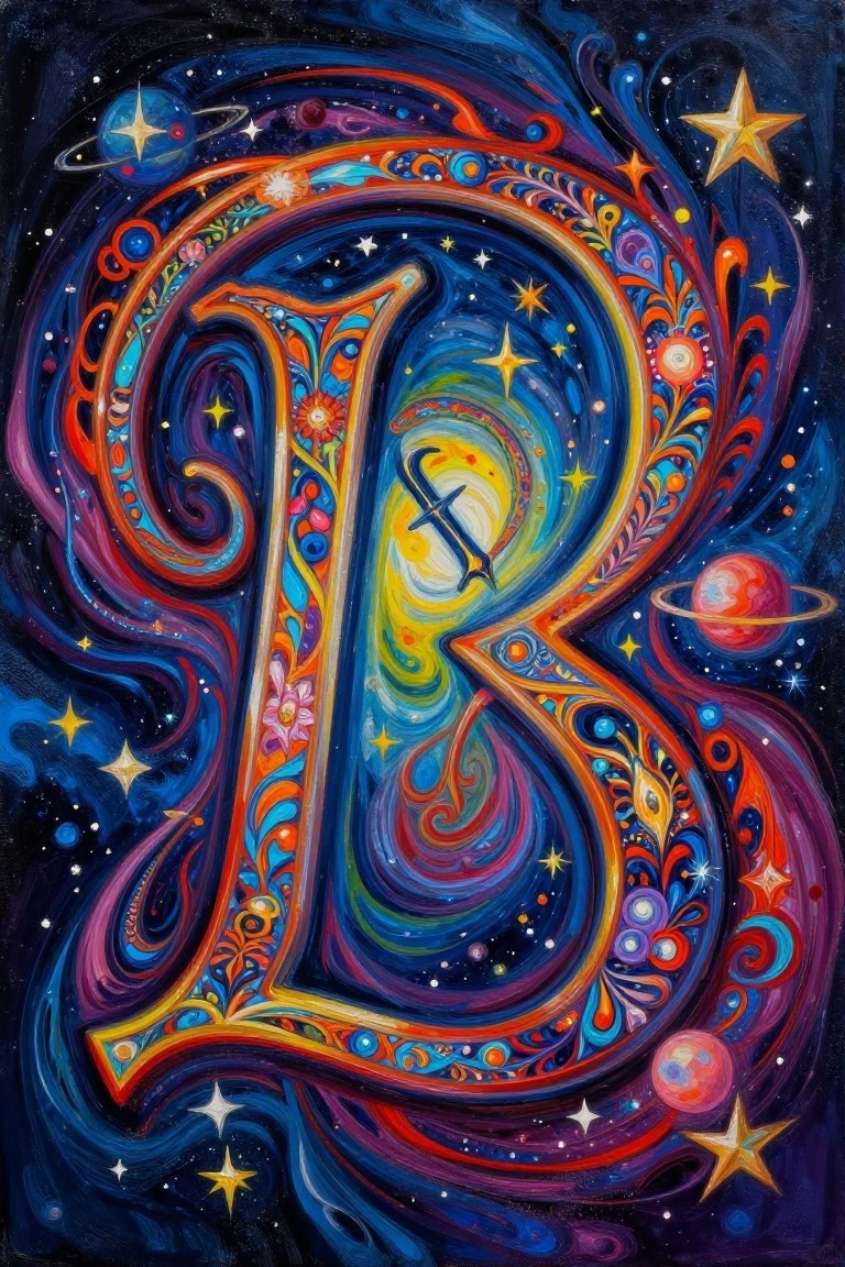 Colorful cosmic letter B with swirling galaxies, stars, planets, and vibrant patterns