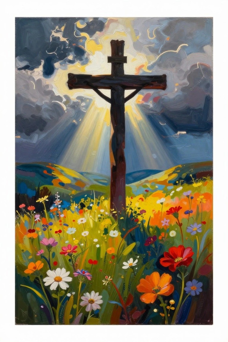 Wooden cross rising from vibrant wildflower field under dramatic golden sun rays