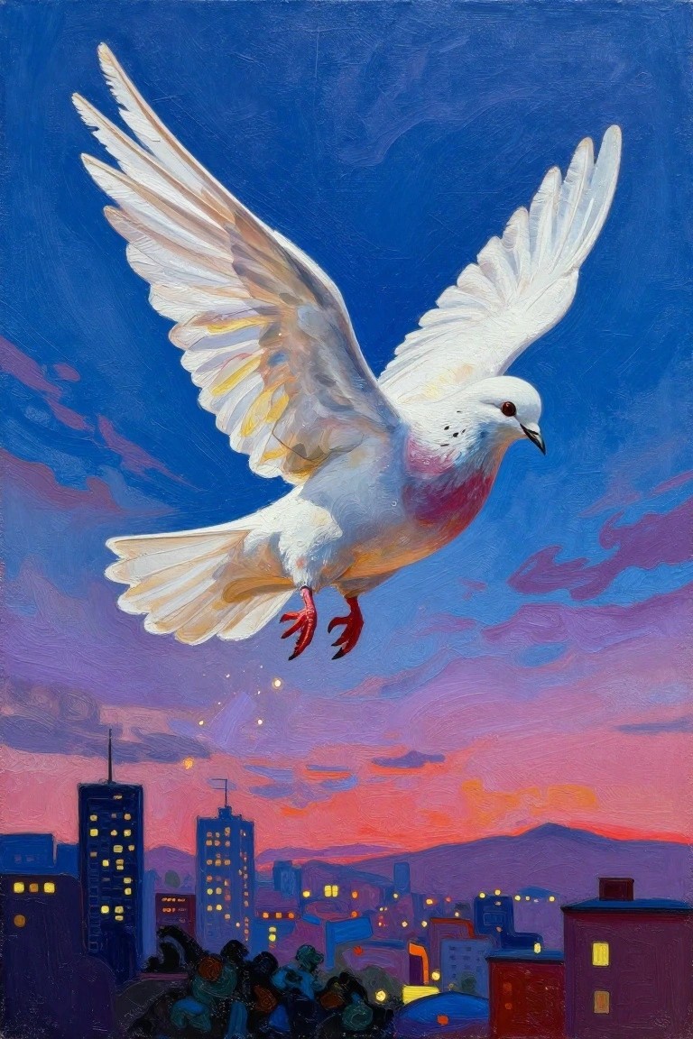 White dove soaring over illuminated city skyline at vibrant sunset