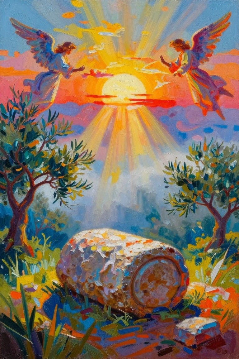 Two angels in flowing robes reach toward each other above a stone at vibrant sunrise.