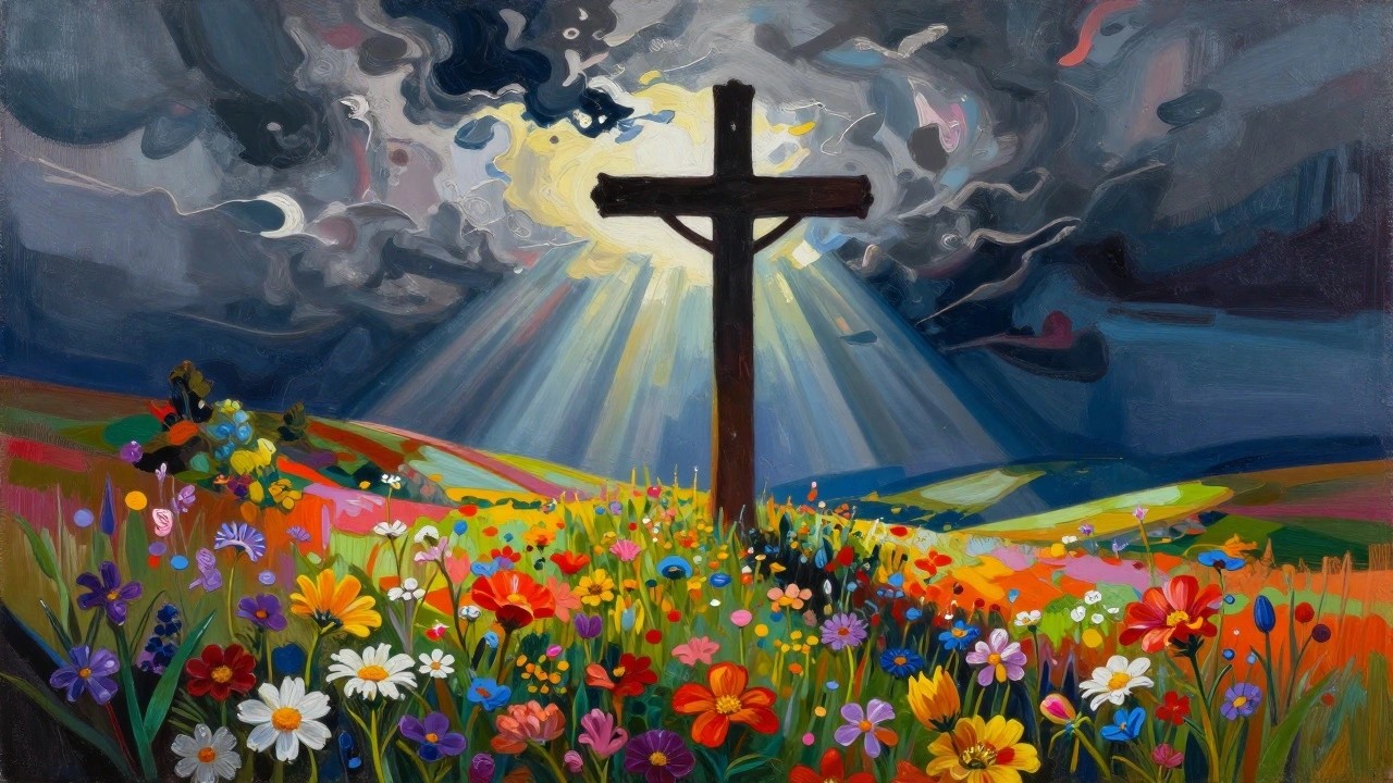 Wooden cross rising from vibrant wildflower field under dramatic golden sun rays