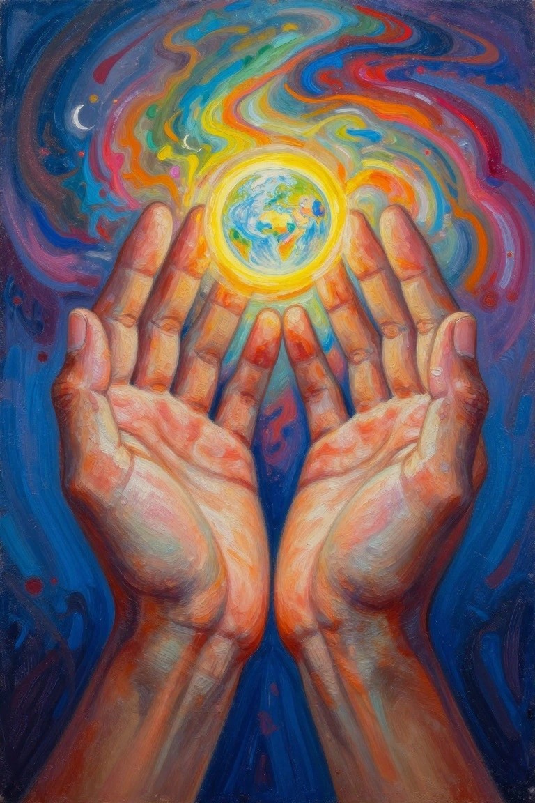 Cupped hands holding glowing Earth amid vibrant swirling cosmic colors.