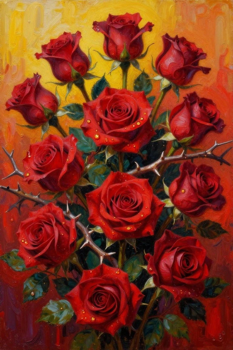 Vivid red roses with dew drops on thorny stems against yellow-orange background.