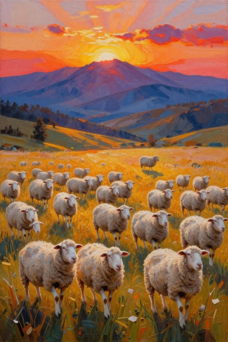 Sheep grazing in golden field under vibrant orange sunset over mountains