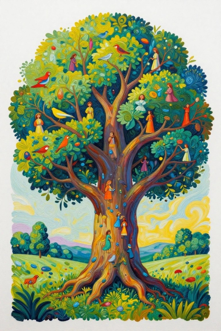 Vibrant tree with women in colorful dresses, birds, and lush foliage in fantasy landscape