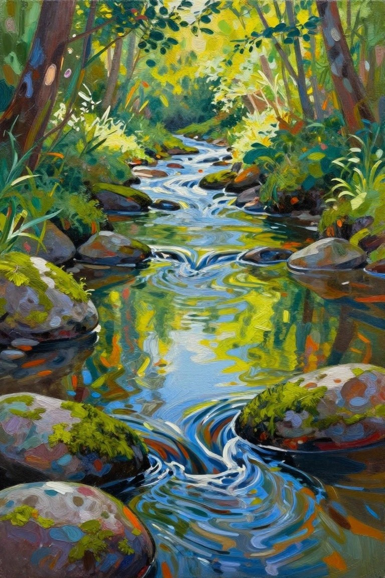 Vibrant painting of winding forest stream with mossy rocks and lush greenery