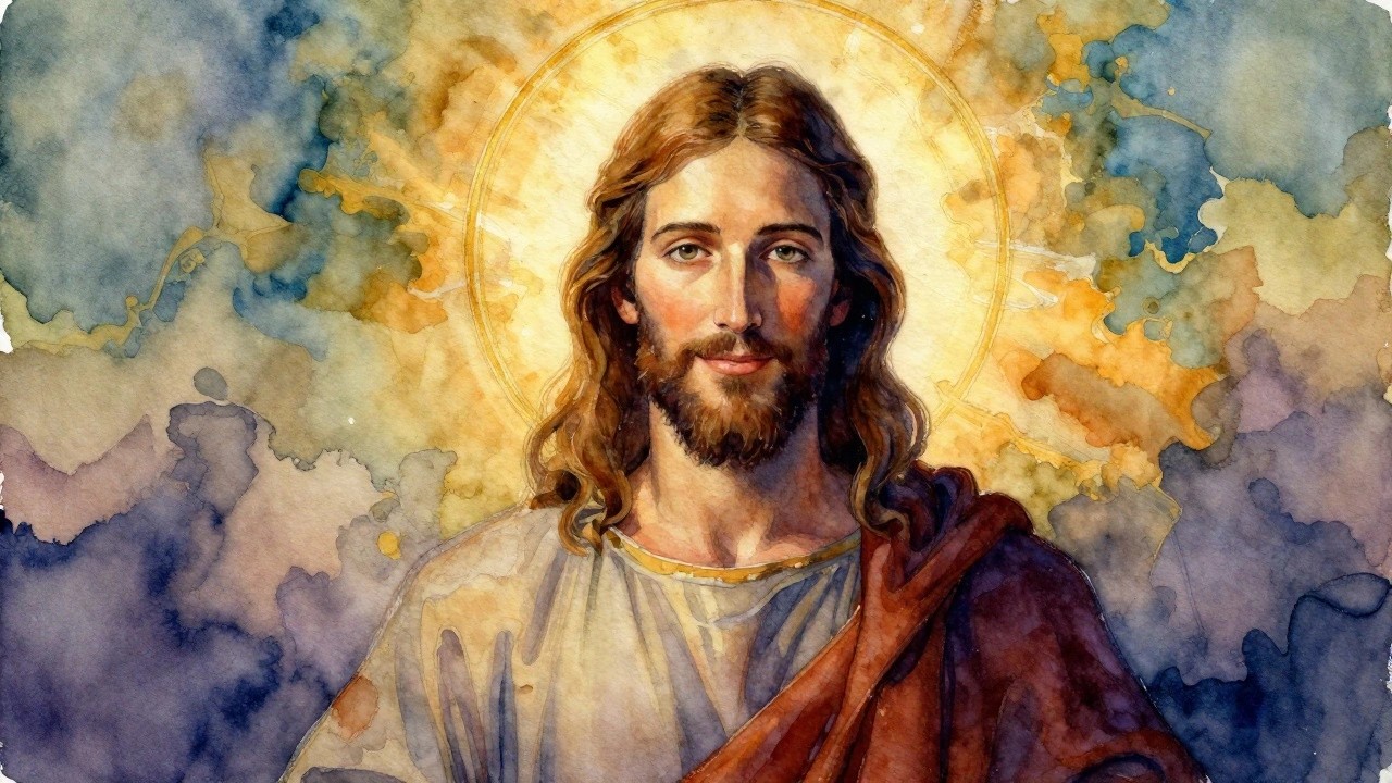 A watercolor portrait of Jesus with long wavy brown hair and beard, wearing a blue and brown robe, with a golden halo against a purple and orange background.