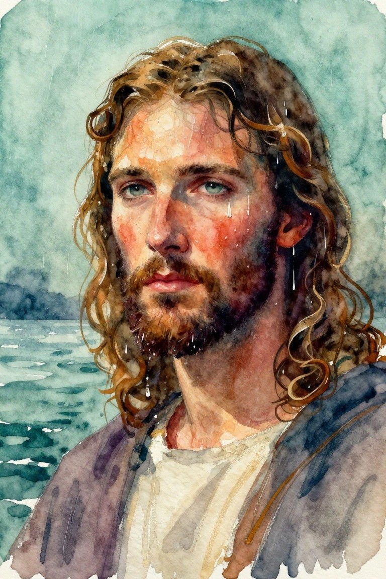 Watercolor portrait of a man with long wet brown hair and beard, water droplets on his face, and a sea background.