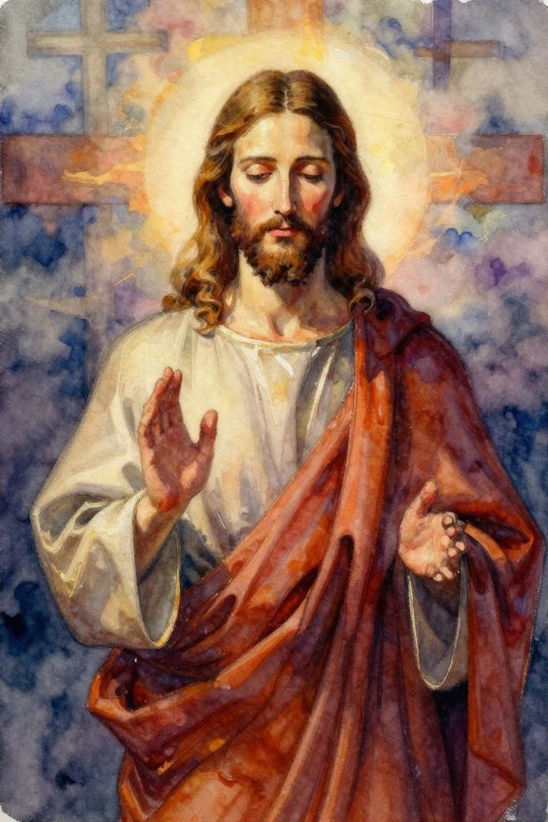 Watercolor of Jesus with halo, long hair, white tunic, reddish robe, and background crosses.