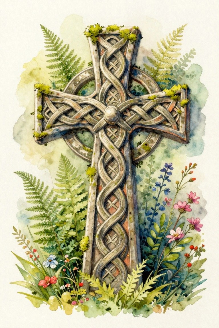 Mossy Celtic cross with knotwork amid ferns and colorful wildflowers in watercolor