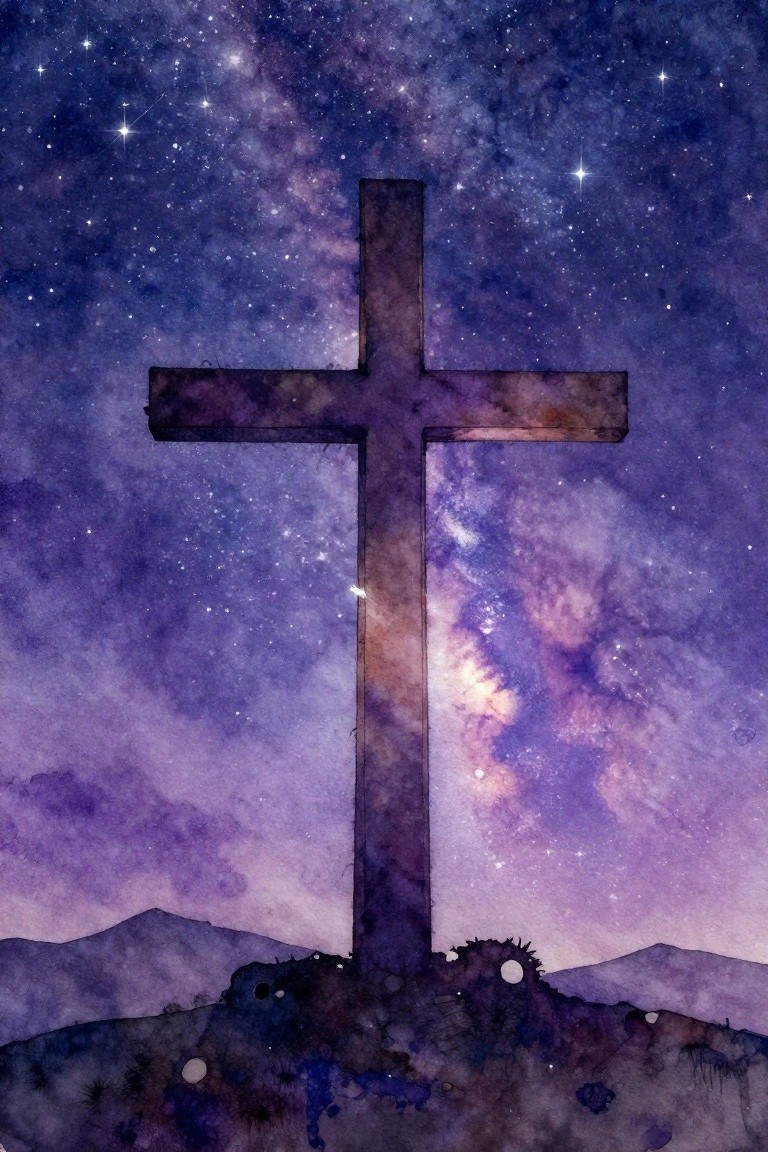 A dark cross silhouette stands on a hill against a purple and blue starry sky with soft galaxy clouds.
