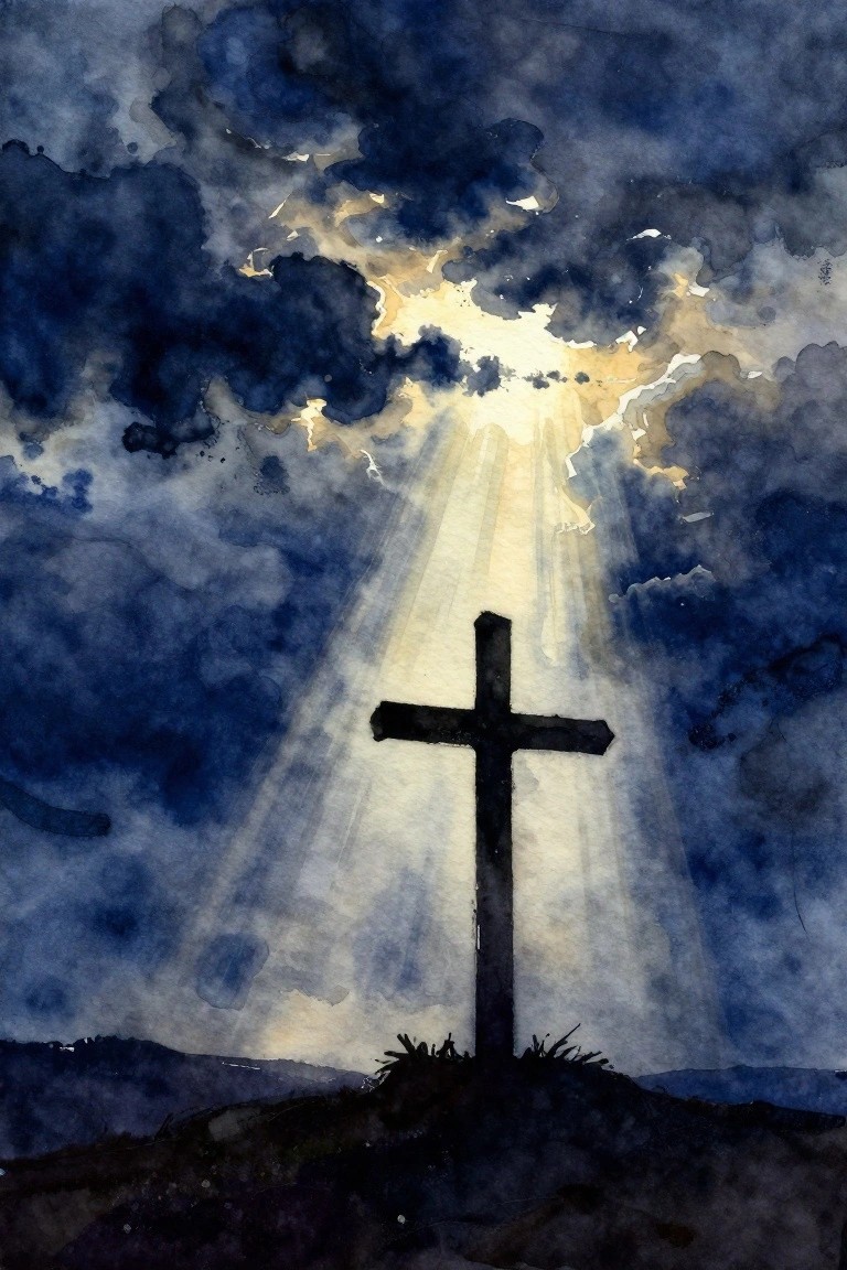 Silhouetted cross on a hill with light rays piercing dark storm clouds in watercolor.