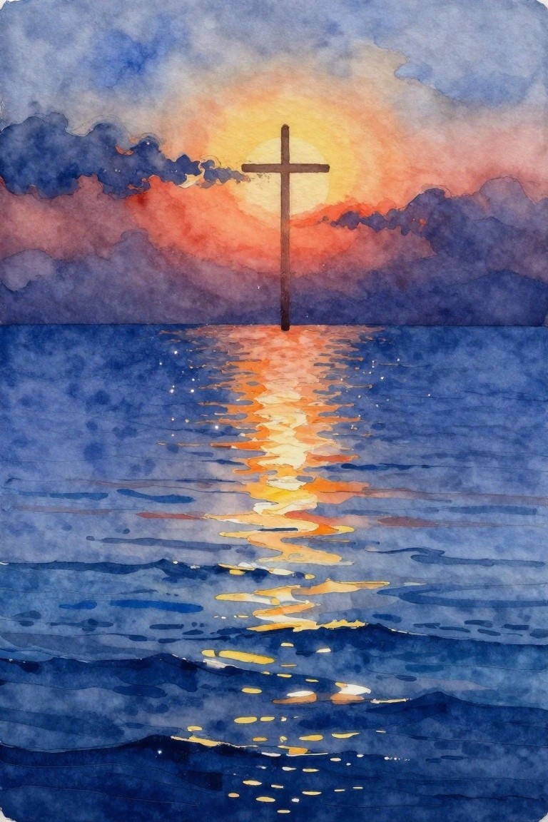 Cross silhouette against sunset with orange reflection shimmering on blue ocean waves