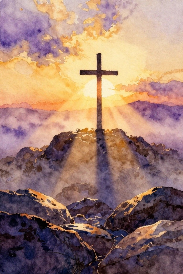 Watercolor of silhouetted cross on misty peak with golden rays through purple clouds