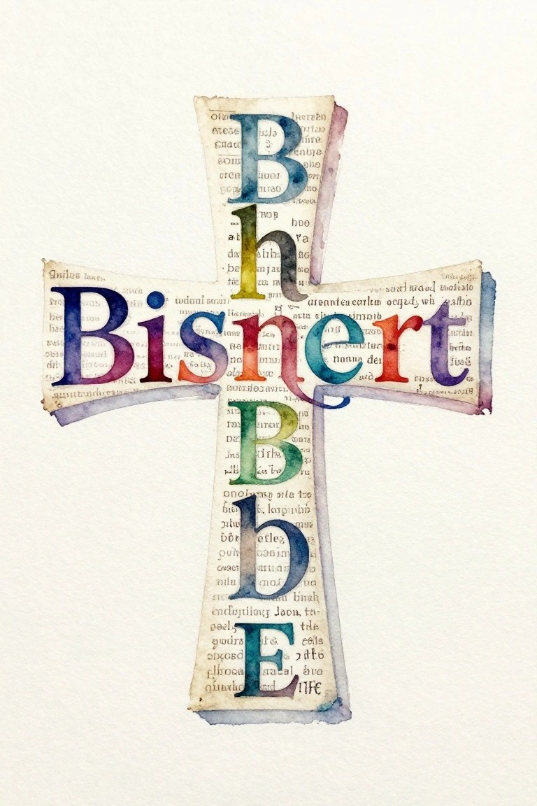 A cross shape formed from torn book pages with the word Bishop painted across it in multicolored capital letters.