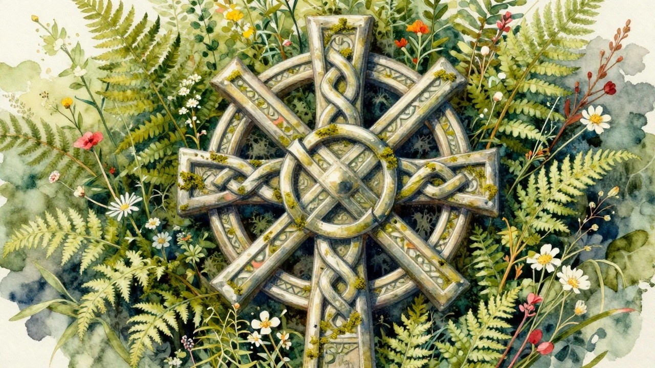 Mossy Celtic cross with knotwork amid ferns and colorful wildflowers in watercolor