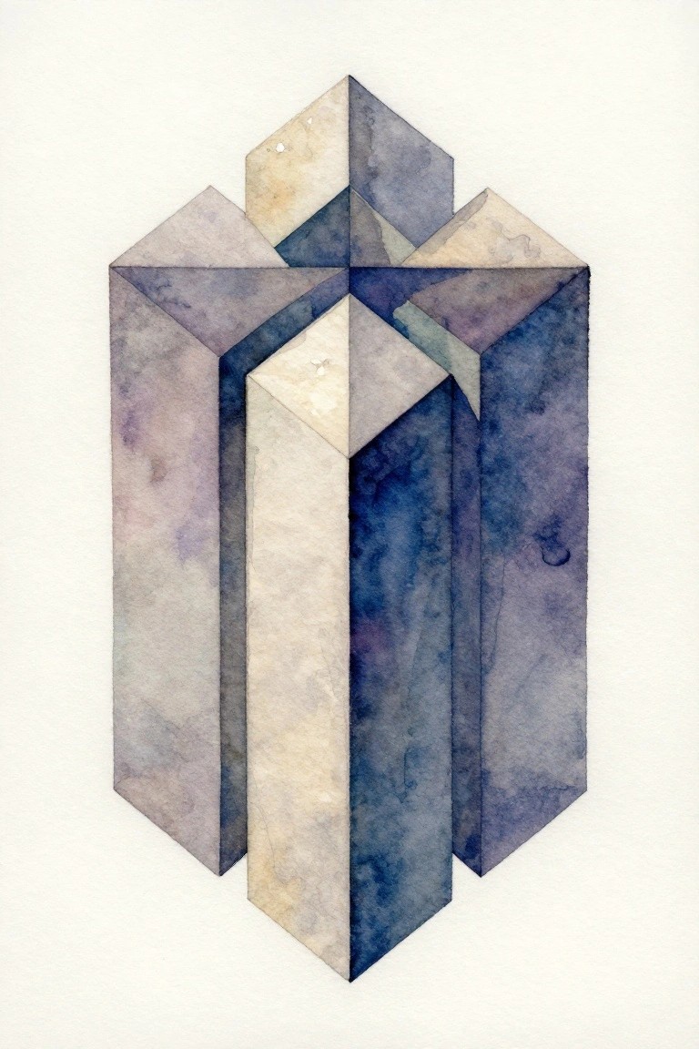 Abstract watercolor of faceted geometric crystals in blue, purple, and beige tones.