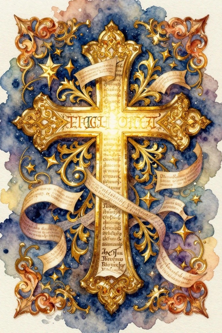 Ornate golden cross with scrolls, stars, and ribbons on cosmic watercolor background