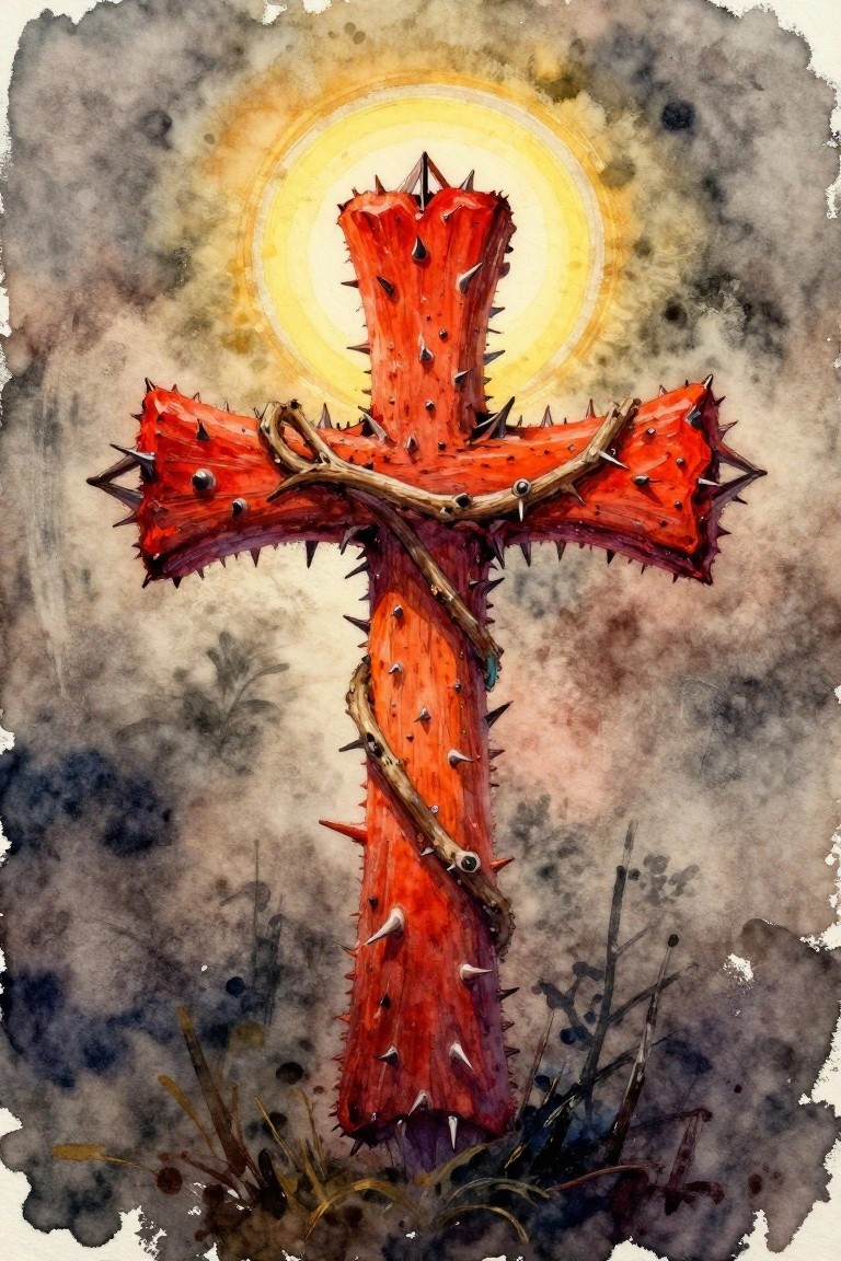 Spiked red cross wrapped in thorns with glowing yellow halo in dark watercolor.