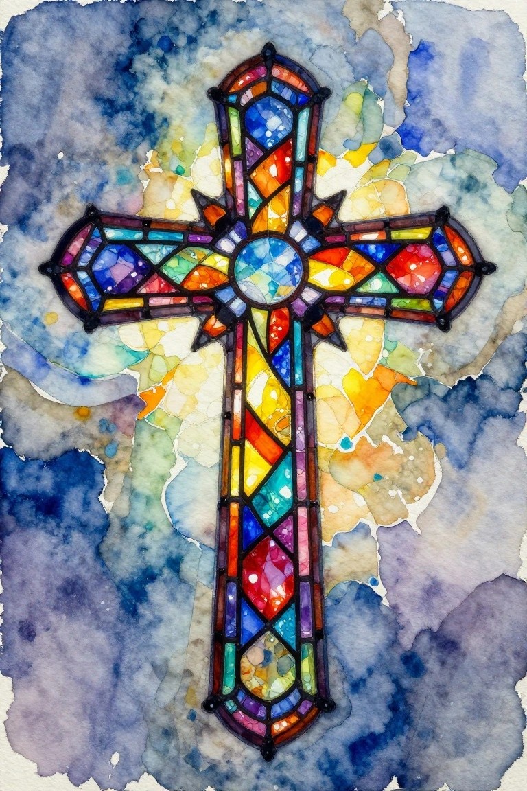 A watercolor painting of a colorful stained glass cross centered on a blue and yellow abstract background.