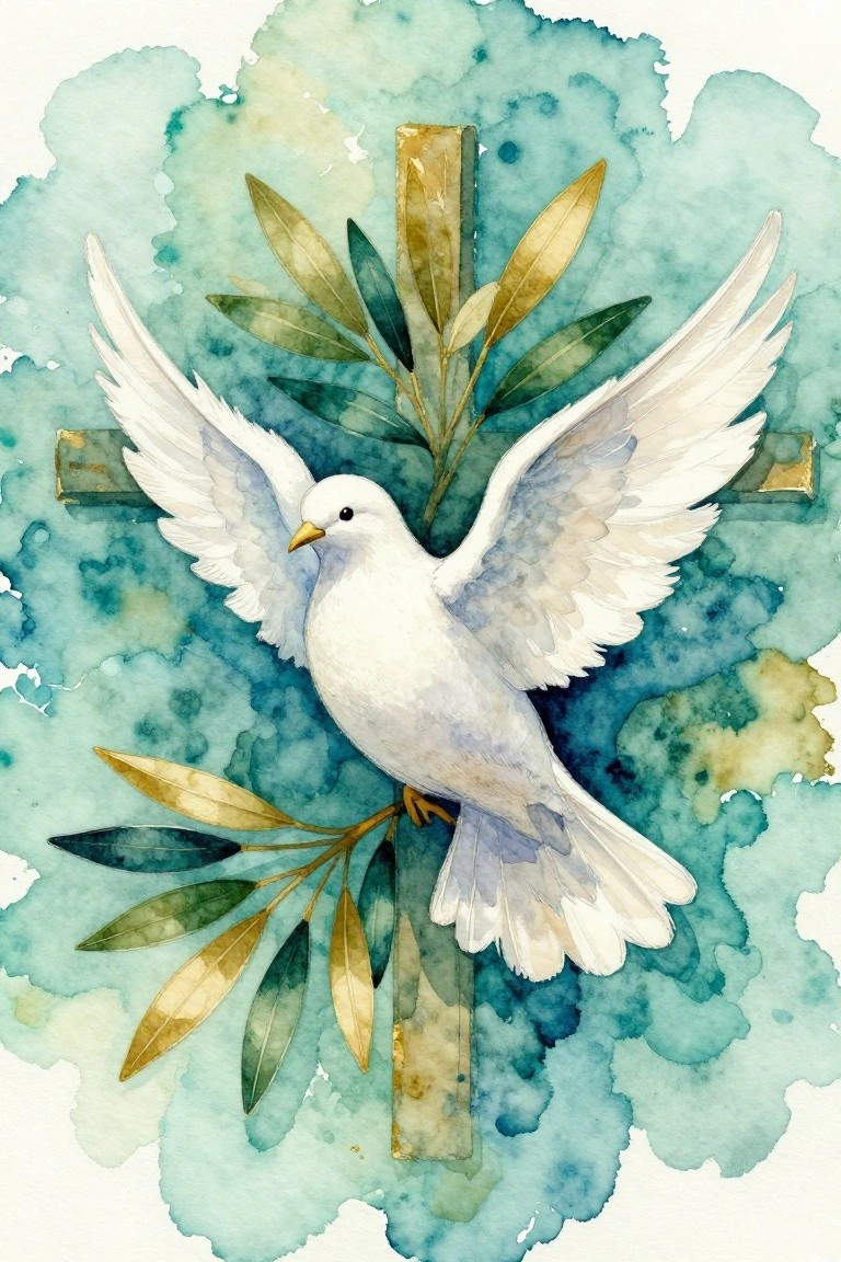 White dove with spread wings on wooden cross amid gold-green olive branches, teal watercolor background.