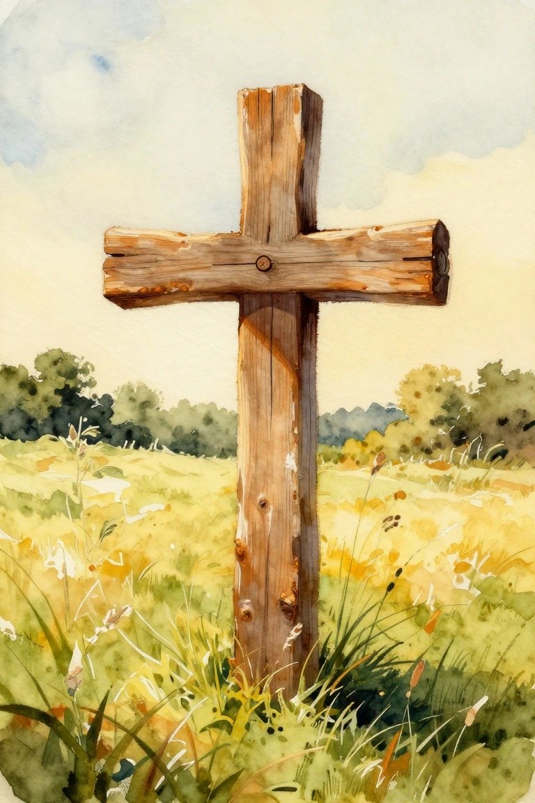 Weathered wooden cross amid wildflowers in a sunlit watercolor meadow with trees.