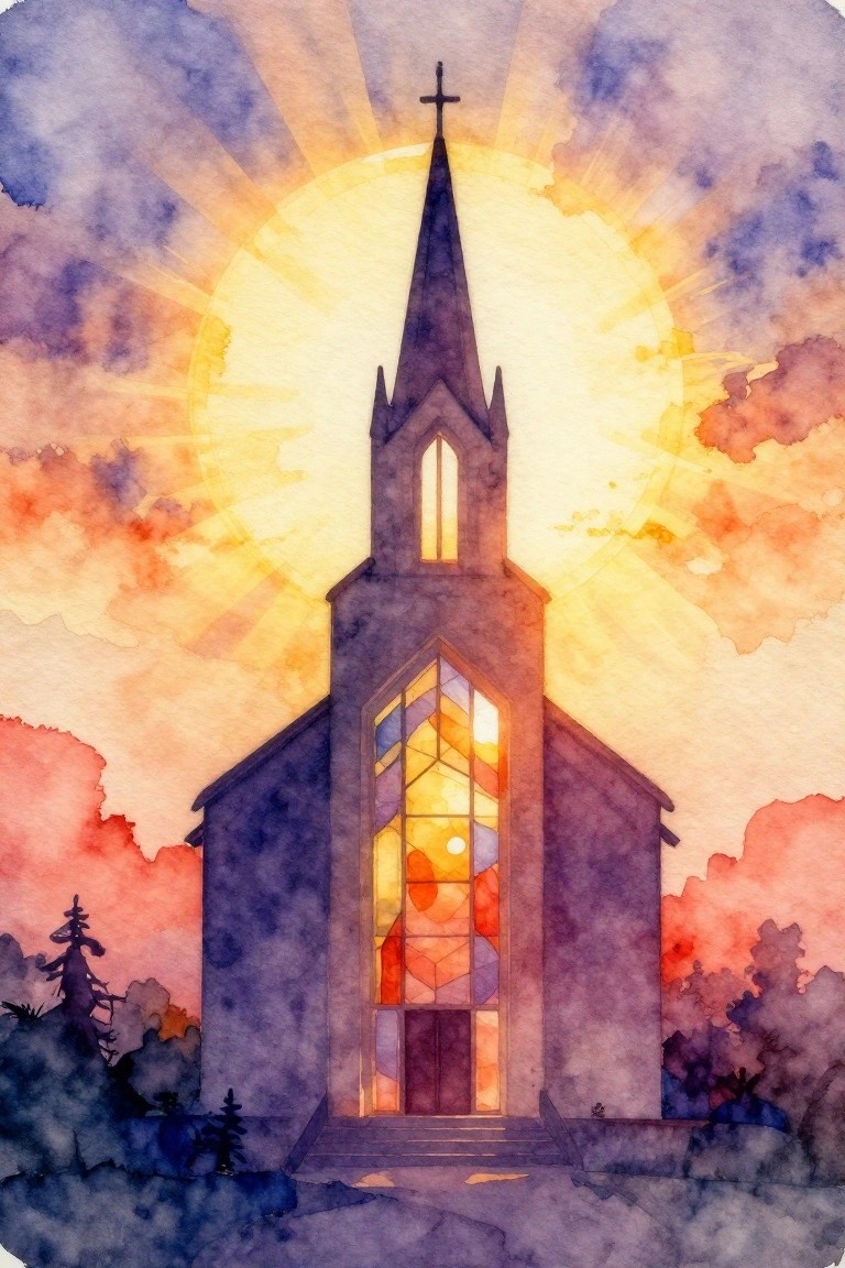 Watercolor church with glowing stained glass beneath radiant golden sunset and purple clouds