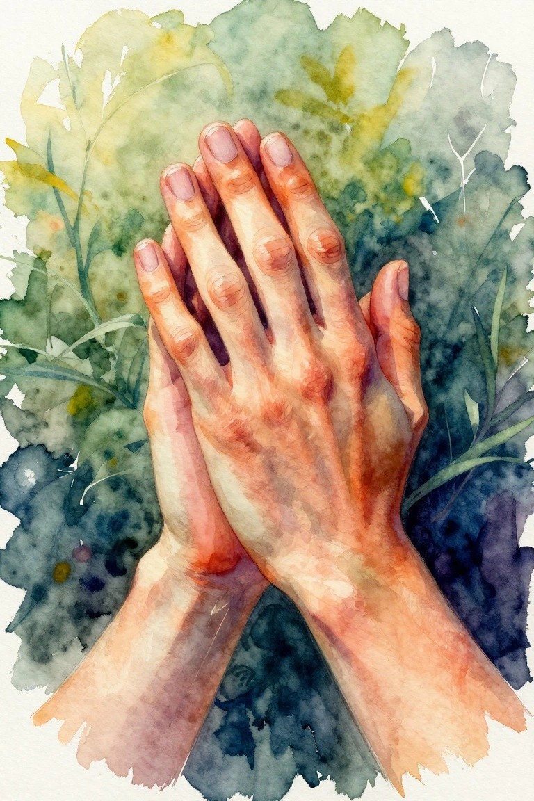 Clasped hands in watercolor over green and blue leafy foliage background