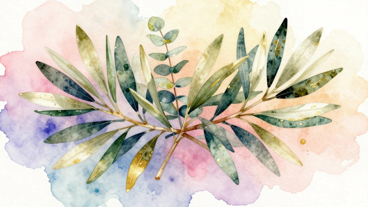 Watercolor branches with green oval and round leaves on soft pastel background