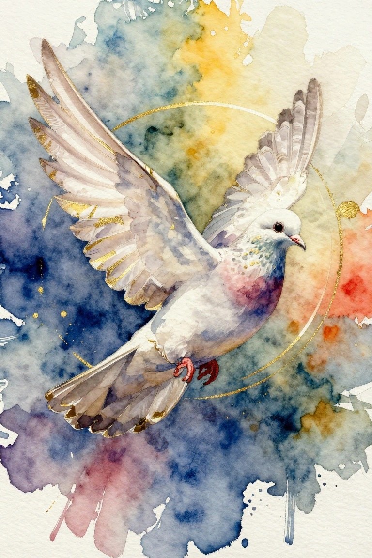 Watercolor white dove in flight with spread wings, gold accents on vibrant abstract splashes.
