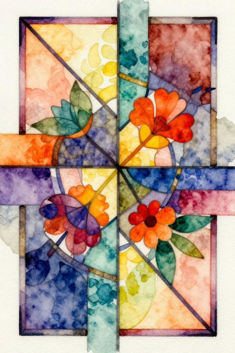 A watercolor painting of a cross divided into panels with orange and red flowers and green leaves in a stained glass style.