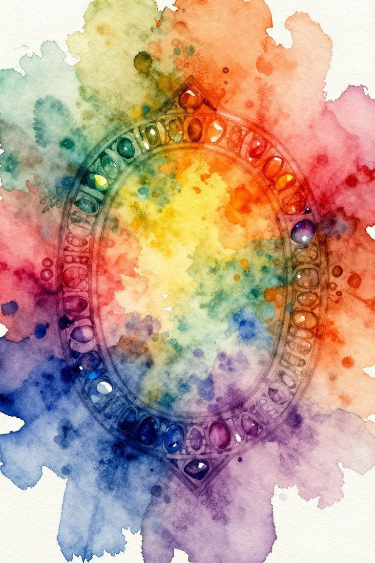 Ornate jeweled circular frame over vibrant rainbow watercolor splashes