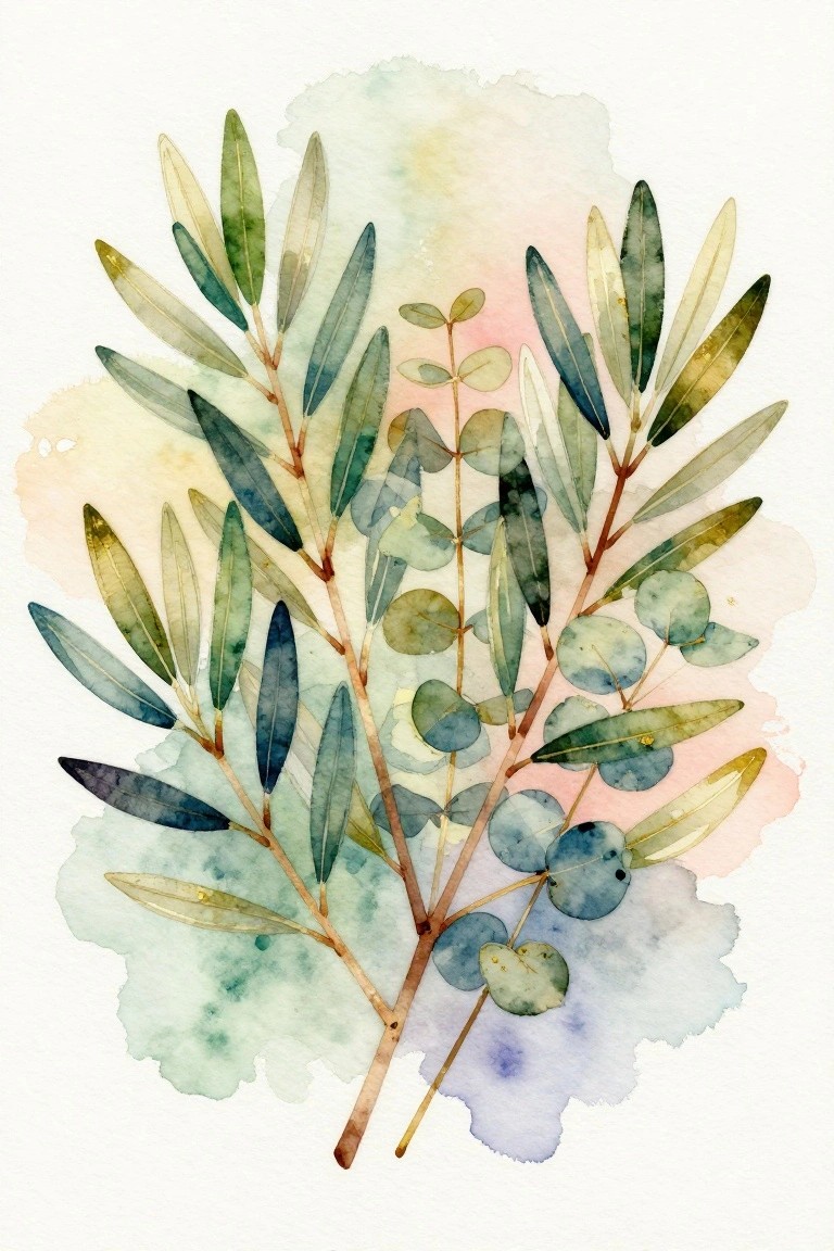 Watercolor branches with green oval and round leaves on soft pastel background